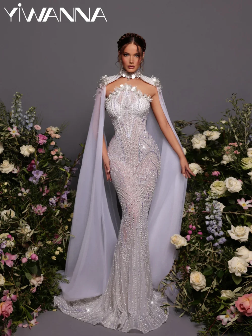 

Сверкающее бисерное свадебное платье с 3D цветочным принтом и накидкой без бретелек, длинное свадебное платье русалки, очаровательные платья по индивидуальному заказу для невесты