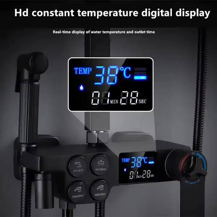 Smart Black Digital Thermostatic Shower Set Brass Faucet TikTok Trend Multi-Function Rainfall Jet Hot Cold Bathroom Rainfall