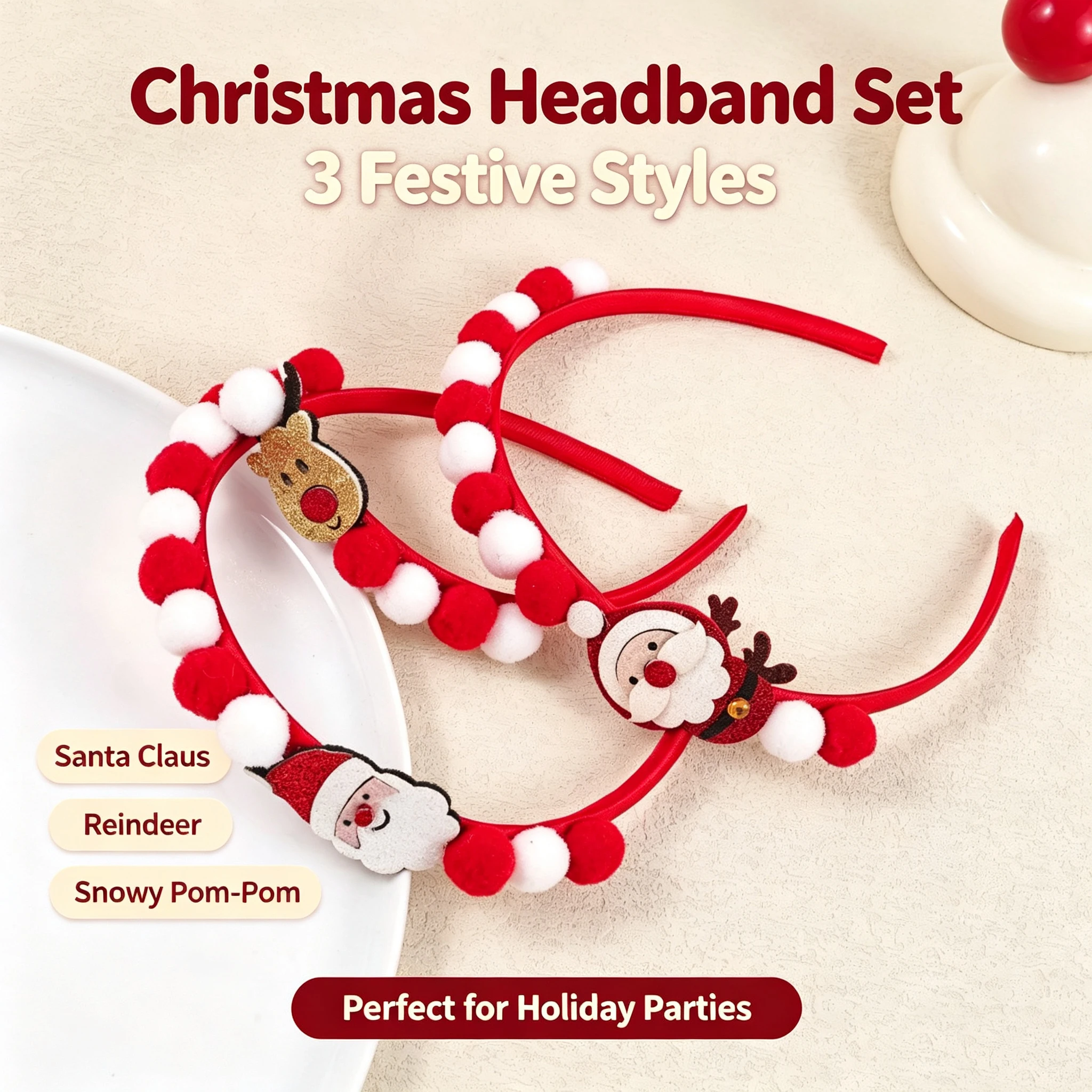 3Pcs Christmas Pom Pom Headband Santa Reindeer Hair Hoop Xmas Cosplay Photo Props Kids Hair Accessories Holiday Hair Gift