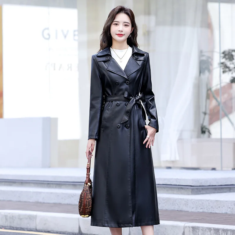 Chaqueta de cuero PU para mujer, abrigo nuevo a la moda para primavera y otoño, Chaqueta larga con doble botonadura, abrigo de cuero de oveja, prendas de vestir exteriores de gamuza