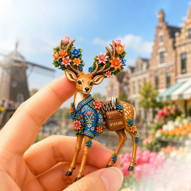 Dutch Flower Elk Fridge Magnet - Magical 3D Netherlands Souvenir Unique European Gift for Travel & Whimsical Home Decor