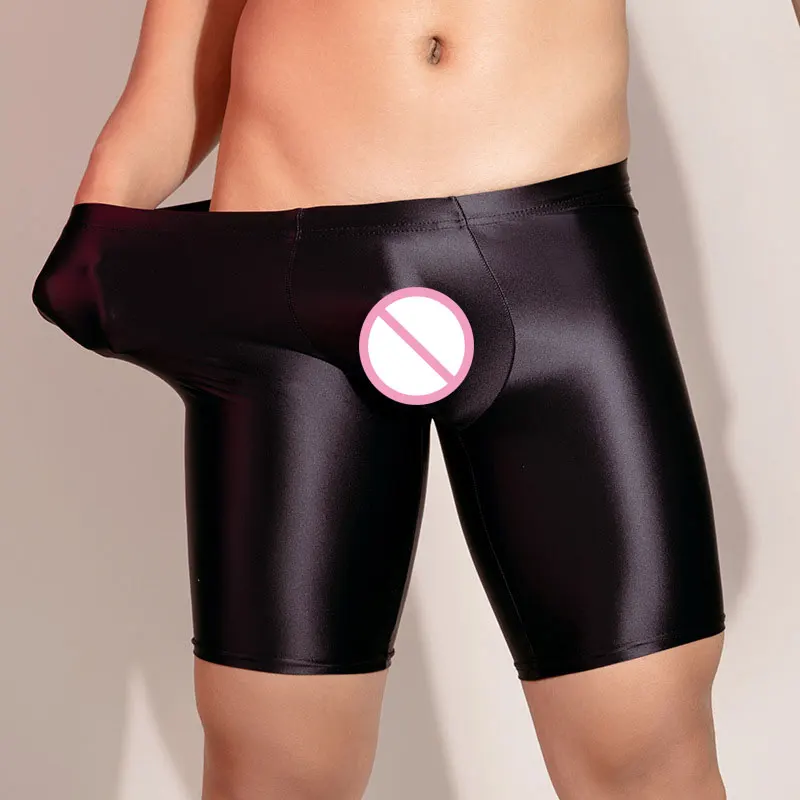 Men Oil Shiny Shorts Gym Leggings Shapewear Ice Silk High Elastic Boxer Tight Shape U Pouch Sheath Man Physical Shorts Smooth