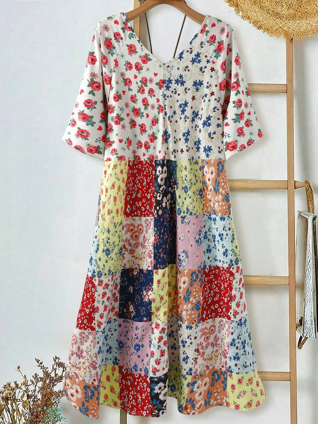 

Женское повседневное летнее платье с V-образным вырезом и цветочным принтом в стиле пэчворк