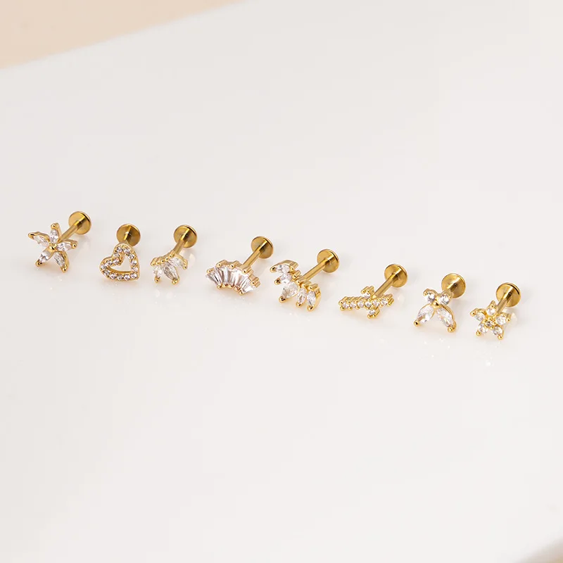 1PC Push In Internally Thread Labret Piercing Ear Ring G23 Titanium Stud Crystal Gem Flat Back Tragus Helix image 4