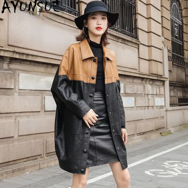 AYUNSUE Autumn Winter Real Leather Jacket Women Genuine Sheepskin Coat Mid-length Loose Windbreaker High Quality Leather Jackets