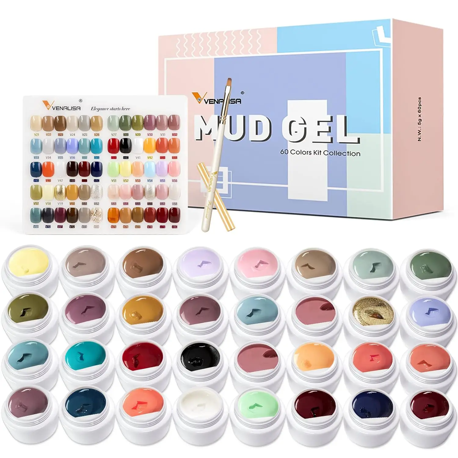 

60 Colors Mud Gel Paint Nail Kit with Color Card, Brush, Polish for Art Design Salon DIY at Home