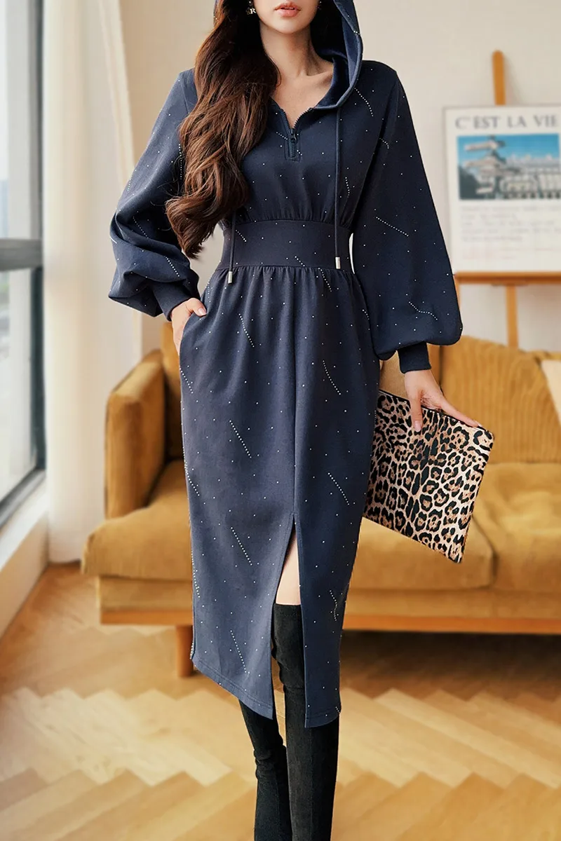 DABUWAWA Hooded Dress For Women Empire Trumpet Diamonds Long Skirt Lantern Sleeve Sheath Slit Socialite Y2k Clothes DA1CDR010