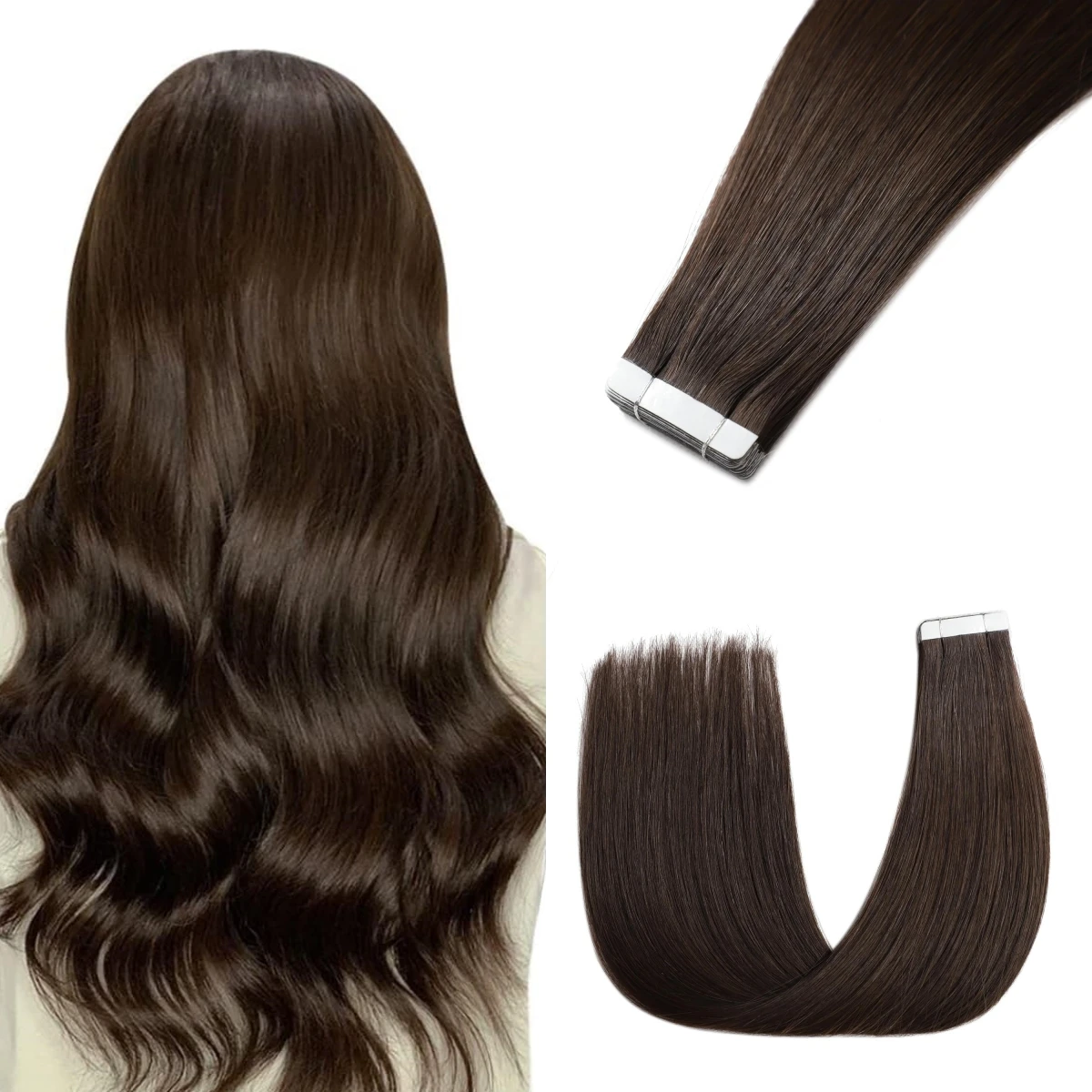 Extensions de Cheveux Humains Lisses Brun Foncé pour Femme, Trame de Peau, Colle Adhésive, Qualité Salon #2, 100% Cheveux Humains