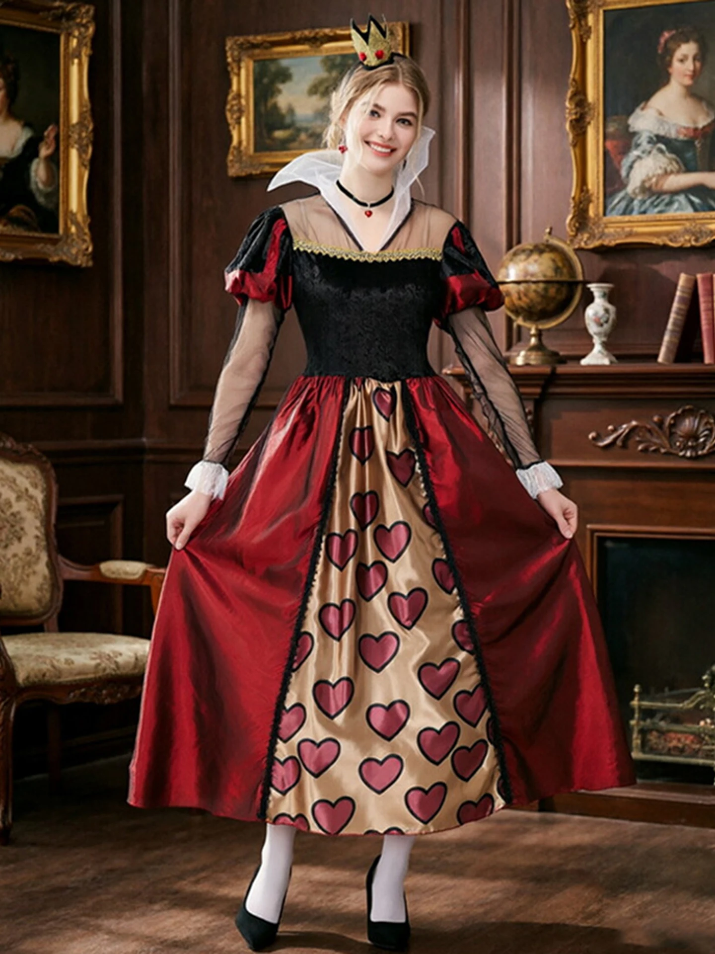 

Adult Halloween Red Heart Queen Cosplay Performance Long Dress Vintage Court Style Red And Black Heart Shaped Design