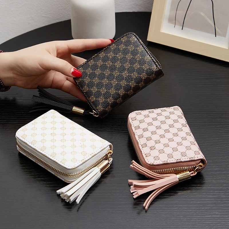 Fashion Print Leather Card Bag Women\'s Wallet Multiple Card Slots Credit Card Holder Tassel Short Wallets for Women Coin Purse