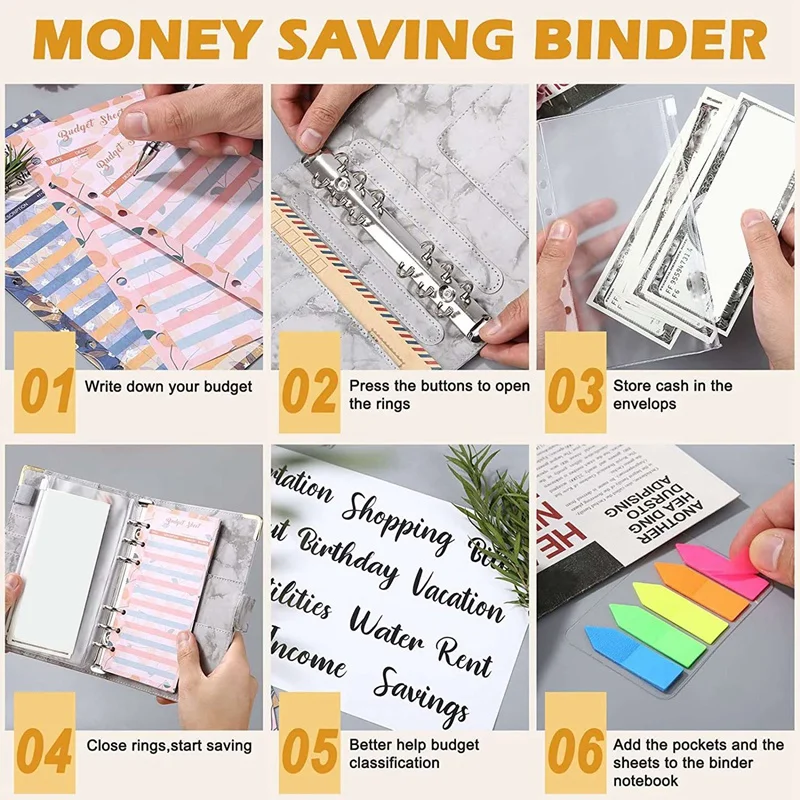 A6 Binder Notebook, Marble Ring Binder With Clear Plastic Binder Covers, Budget Sheets, Label Stickers, Binder Bag