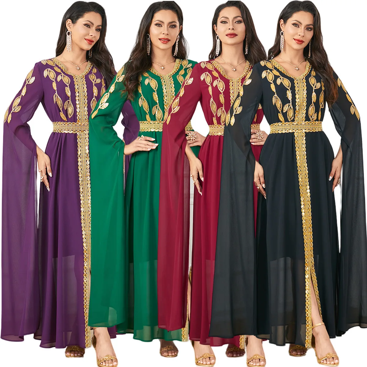 

3895 Dubai Muslim ultra long sleeved patchwork dress abaya long skirt Muslim clothing