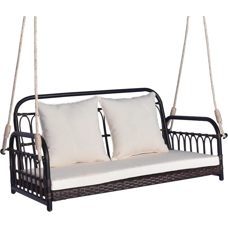 

Outdoor Wicker Porch Swing, 2-Person Hanging Seat with Seat & Back Cushions, Heavy-Duty Metal Frame & 2