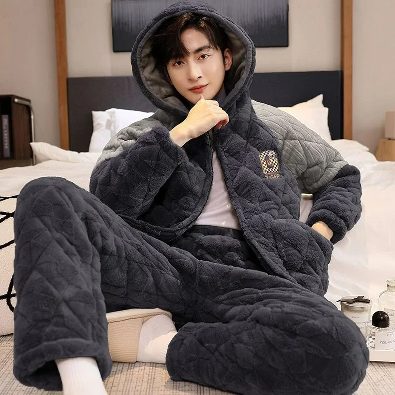 Pigiama Ragazzo in pile spesso Pile di corallo Flanella imbottita a 3 strati Uomo Indumenti da notte Pigiama termico Completo Autunno Inverno Camicia da notte Set