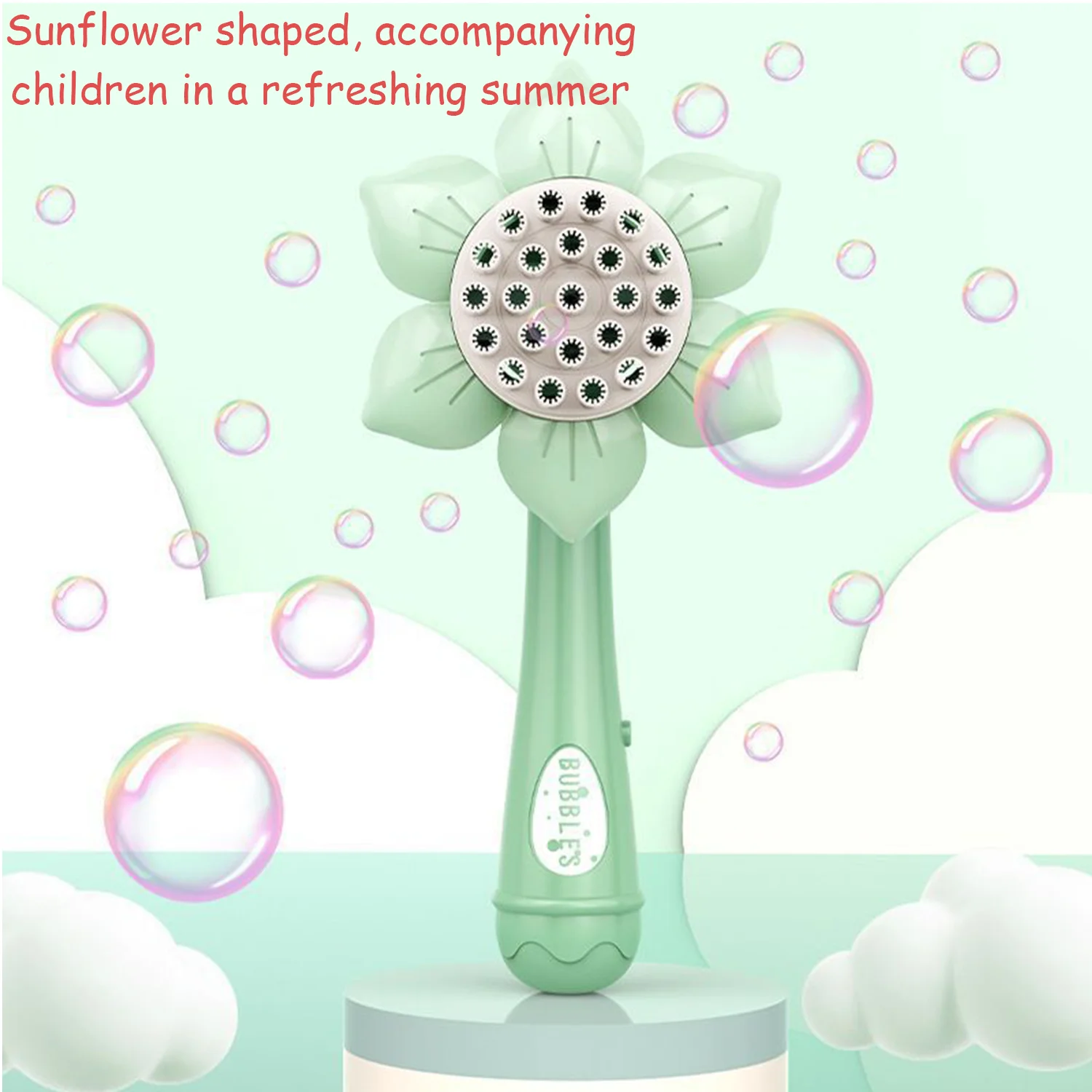 Girassol Bubble Sprinkler com Garrafa de Bubble Liquid, Equipado com Auto Preparação da Bateria, Equipado com uma Garrafa, 23 Buracos