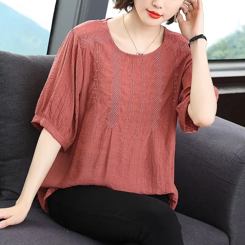 Solid Color Round Neck Five-point Sleeve Summer T-shirt for Women 2025 New Women's Top