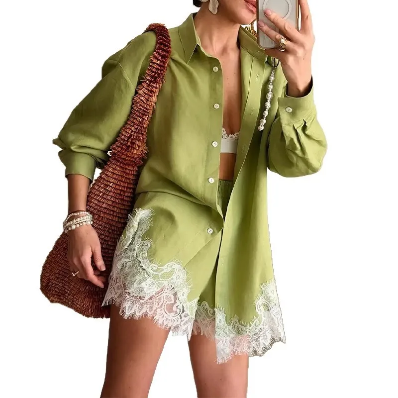 Women's Long Sleeve Lace Trim Pajama Set Button Down Shirt Shorts Lounge Suit Casual Striped Solid Ruffle Hem Streetwear Co-ord