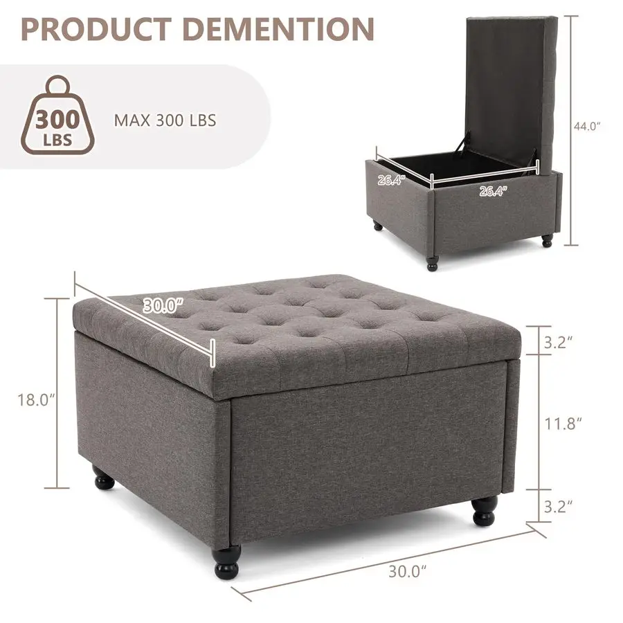 Inch Large Square Storage Ottoman Coffee Table, Oversized Square Ottoman with Storage, Tufted Upholstered Coffee Tables for Liv