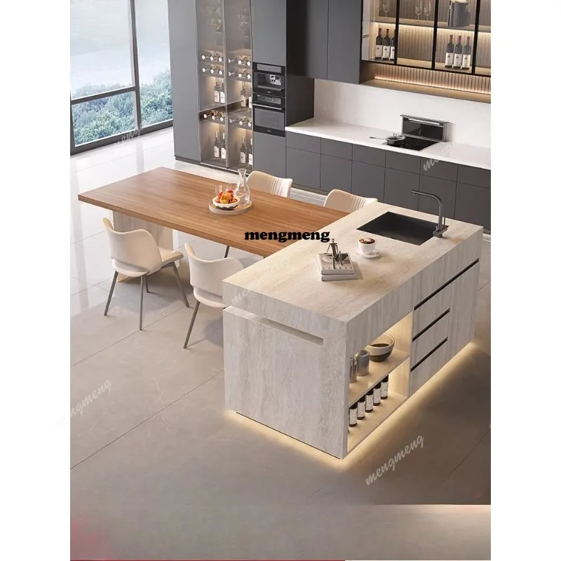 retractable rock slab, island table, integrated dining table, household kitchen, center guide, falling table, side cabinet