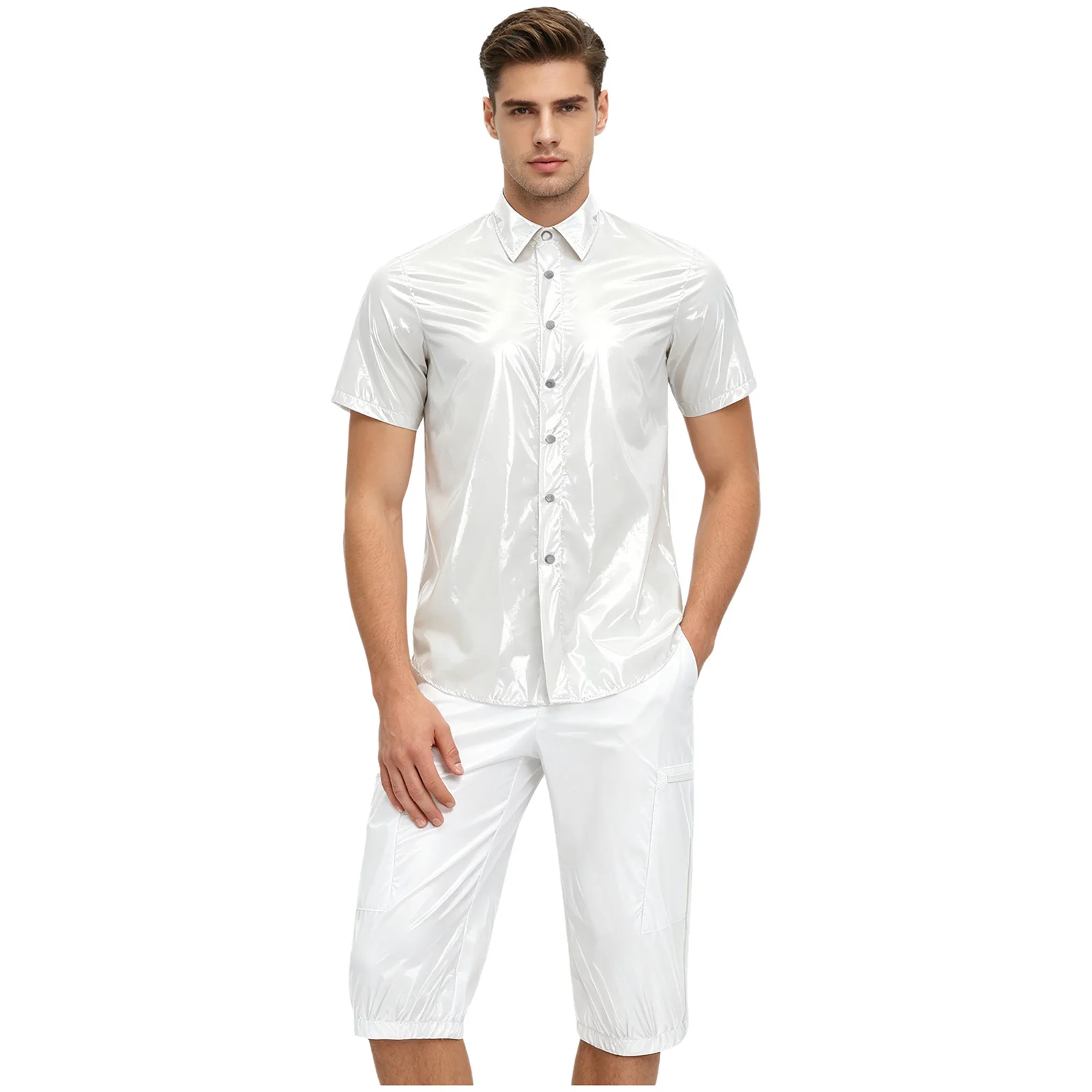 Men's Waterproof Tracksuit Short Sleeve Front Button T-shirt Top with Cargo Shorts Capri Pants Beachwear Clubwear Streetwear view 2