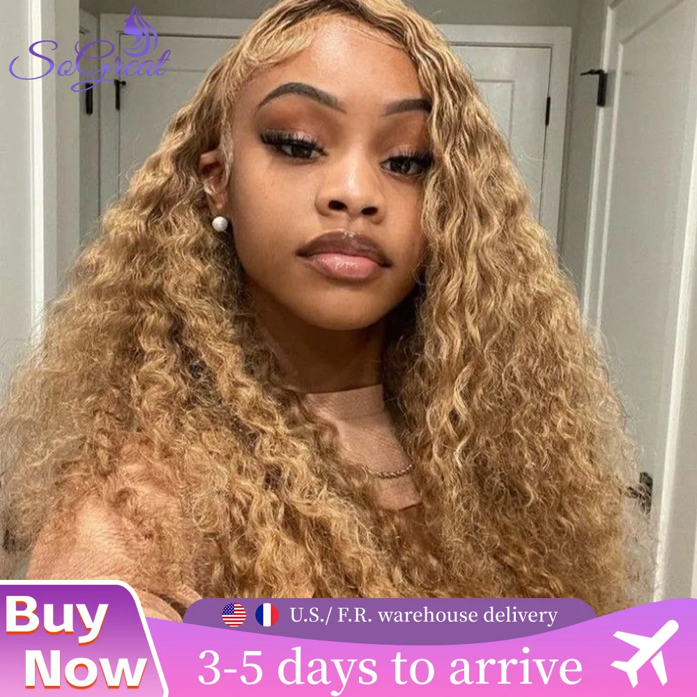 

Парик из натуральных волос Deep Wave Honey Blonde # 27 кудрявых париков с прозрачной HD-основой для женщин, предварительно прорезанные, плотность 200%, длина 30 дюймов