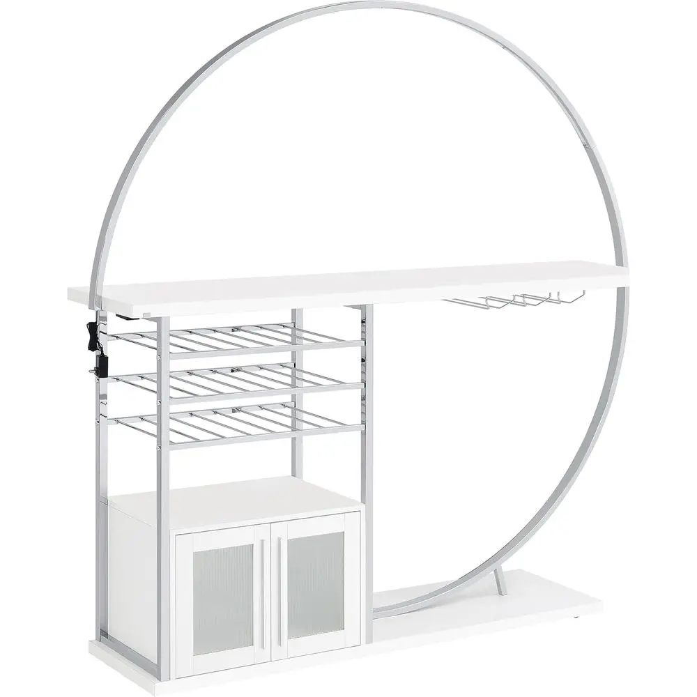 

Wood & Metal 2-Door Circular LED Bar Cabinet with 3-Tier Bottle Storage & Stemware Rack, White