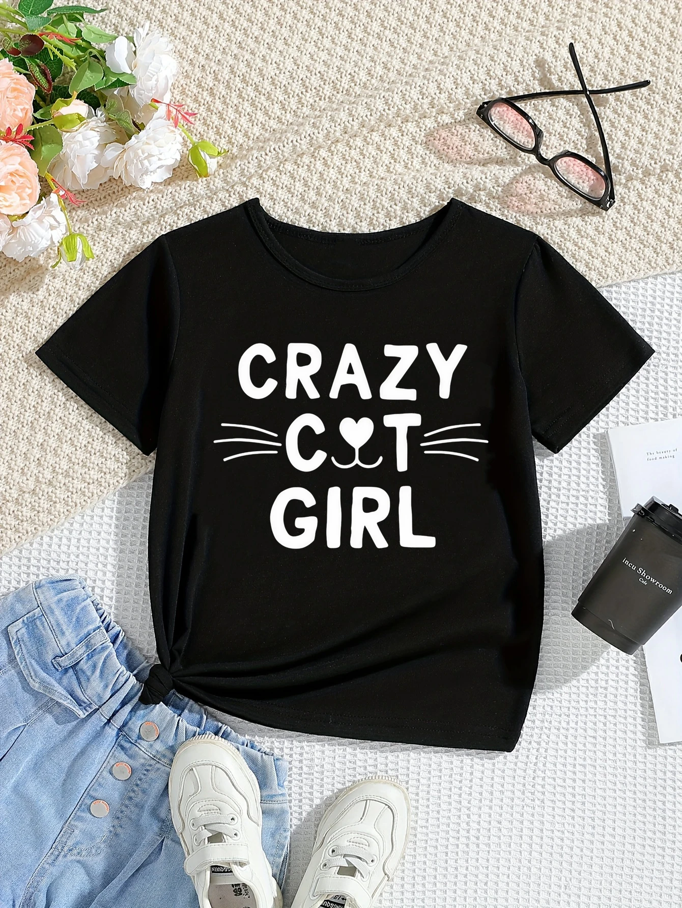 Crazy Cat Girl Letter Printed T Shirt Girls Funny Kids Clothes Summer Short Sleeve T-Shirt