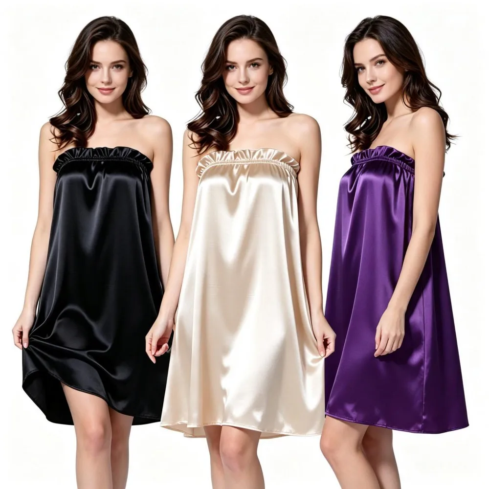 Women Satin Strapless Nightgown Loose Ruffle Short Sleep Dress Ladies Silky Homewear Adult Girl Sexy Night Dress Women Pajamas