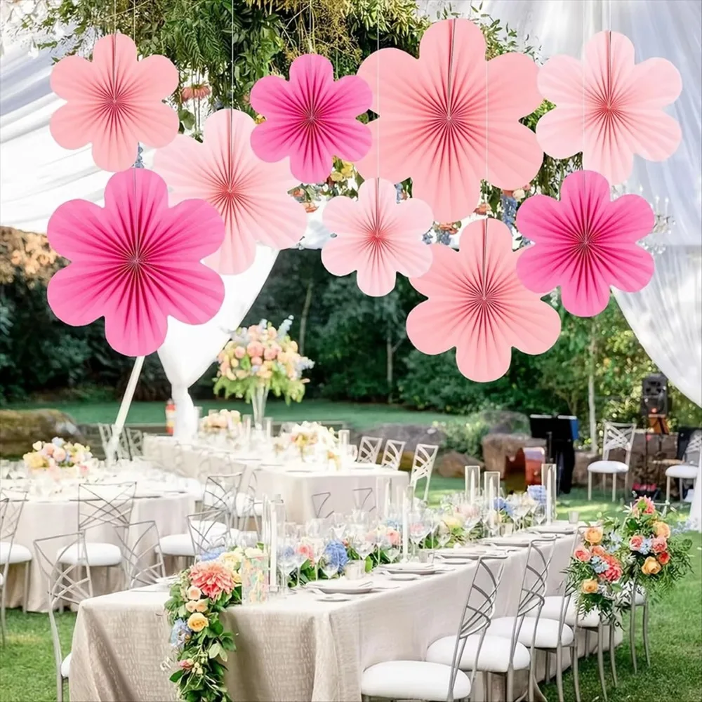 New Pink Paper Fan Flower Hanging Rose Red Paper Fans Wall Floral Garlands Backdrops Decoration Kids Birthday view 3