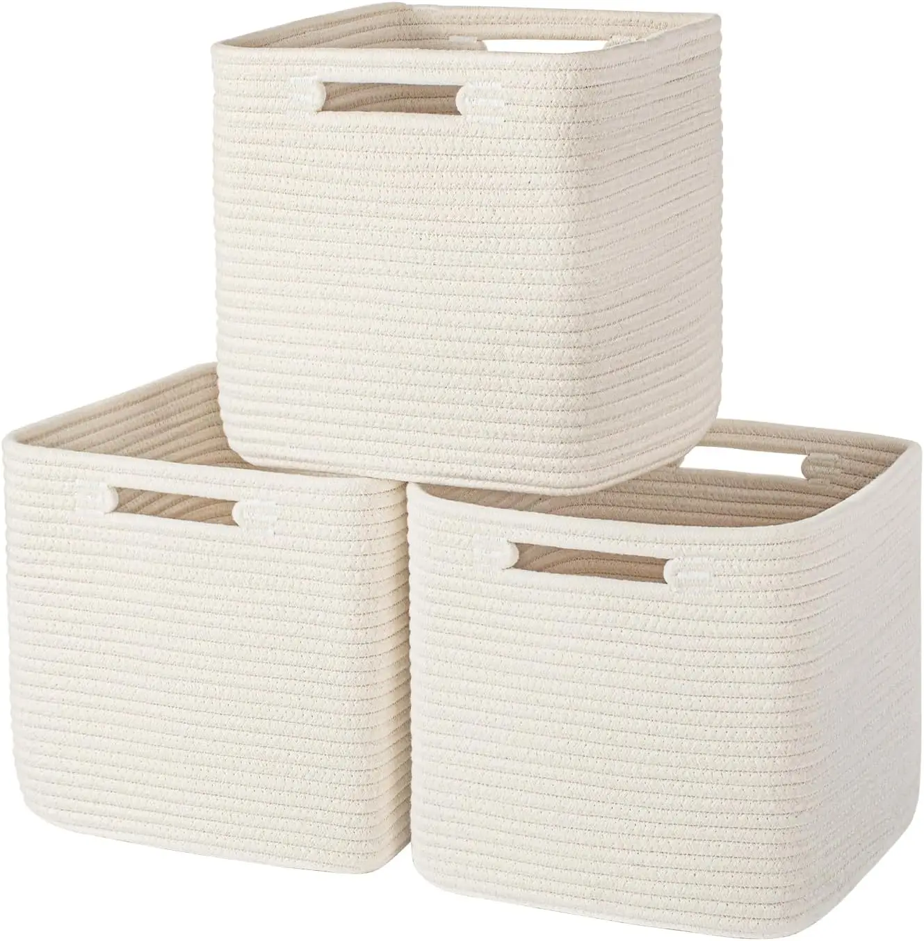 

Hand Woven Cotton Storage Basket Foldable Cube Organizer with Handles Boho Farmhouse Style Beige
