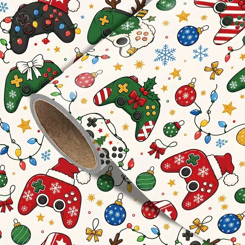 Video Game Themed Christmas Gift Wrap, Snowflake Star Ornament Design, Holiday Packaging Paper for Teen Boys Gifts & DIY Crafts