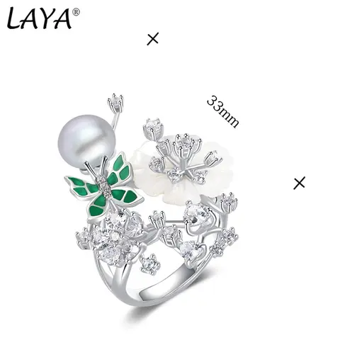 LAYA 여성을위한 천연 진주 반지 순수한 925 스털링 실버 섬세한 쉘 흰색 꽃 파인 쥬얼리 수제 에나멜
