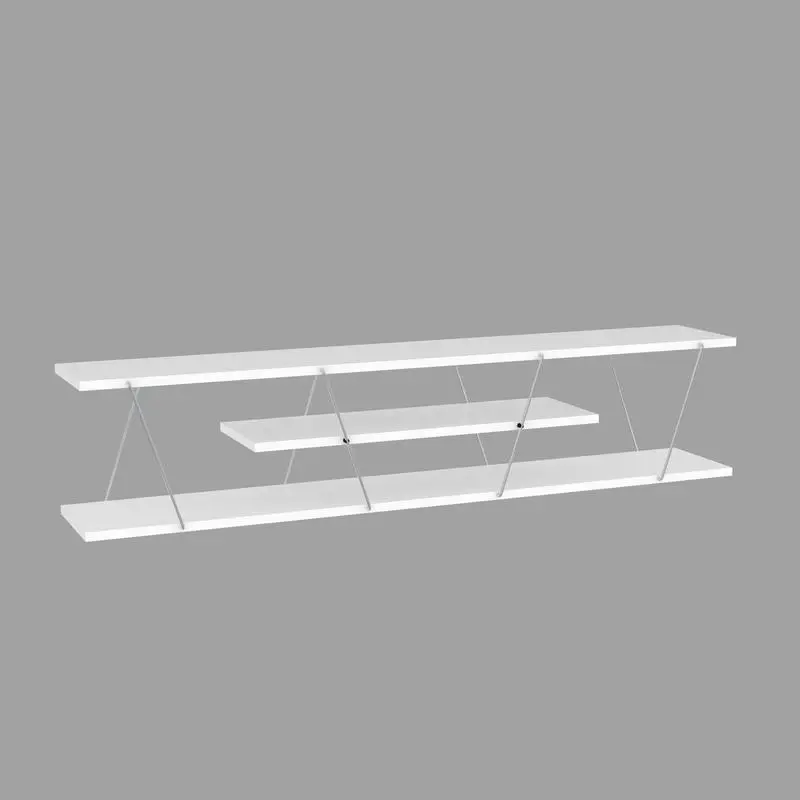 حامل تلفزيون حديث مقاس 56 بوصة من منتصف القرن مع 4 أرفف مفتوحة وأسلاك معدنية، وحدة ترفيهية منخفضة باللون الأبيض والكروم