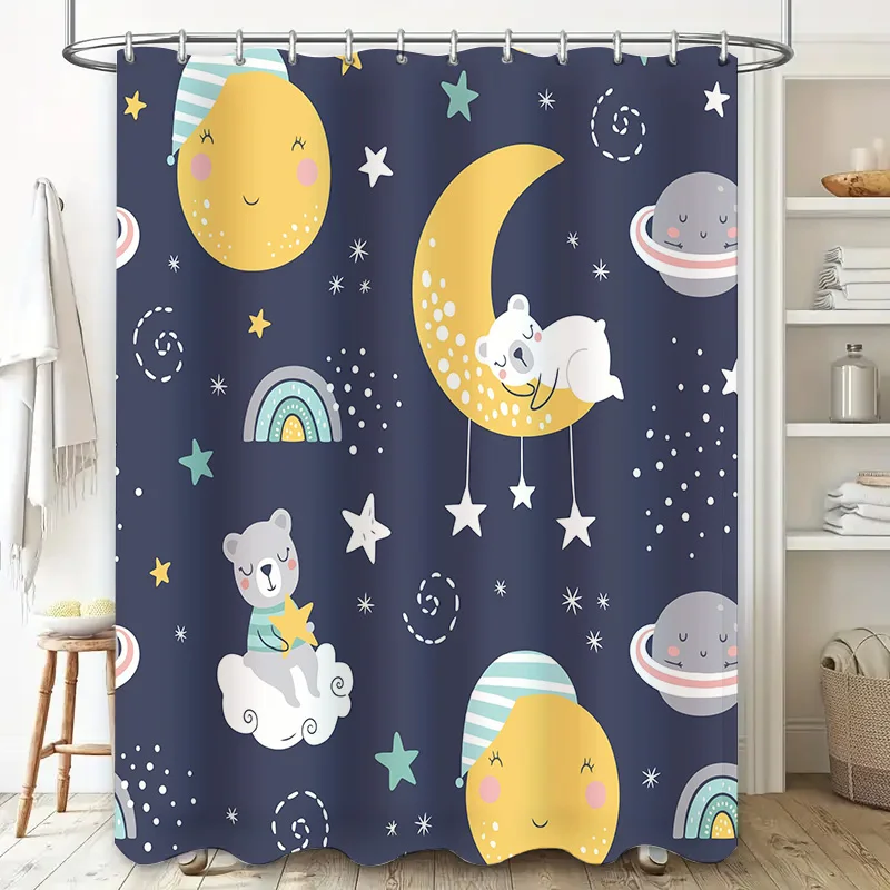 Adorable Sleepy Cloud Animal Space Shower Curtain Blue Stars, Moons Planets Fabric Print for Bathroom Decorations Customizable S