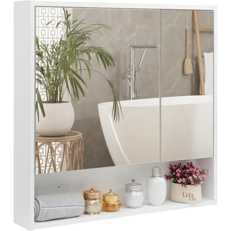 Medicine Cabinet with Mirror and Shelves, Bathroom Wood Wall Cabinet Over The Toilet, Vanity, Recessed or Surface Mount