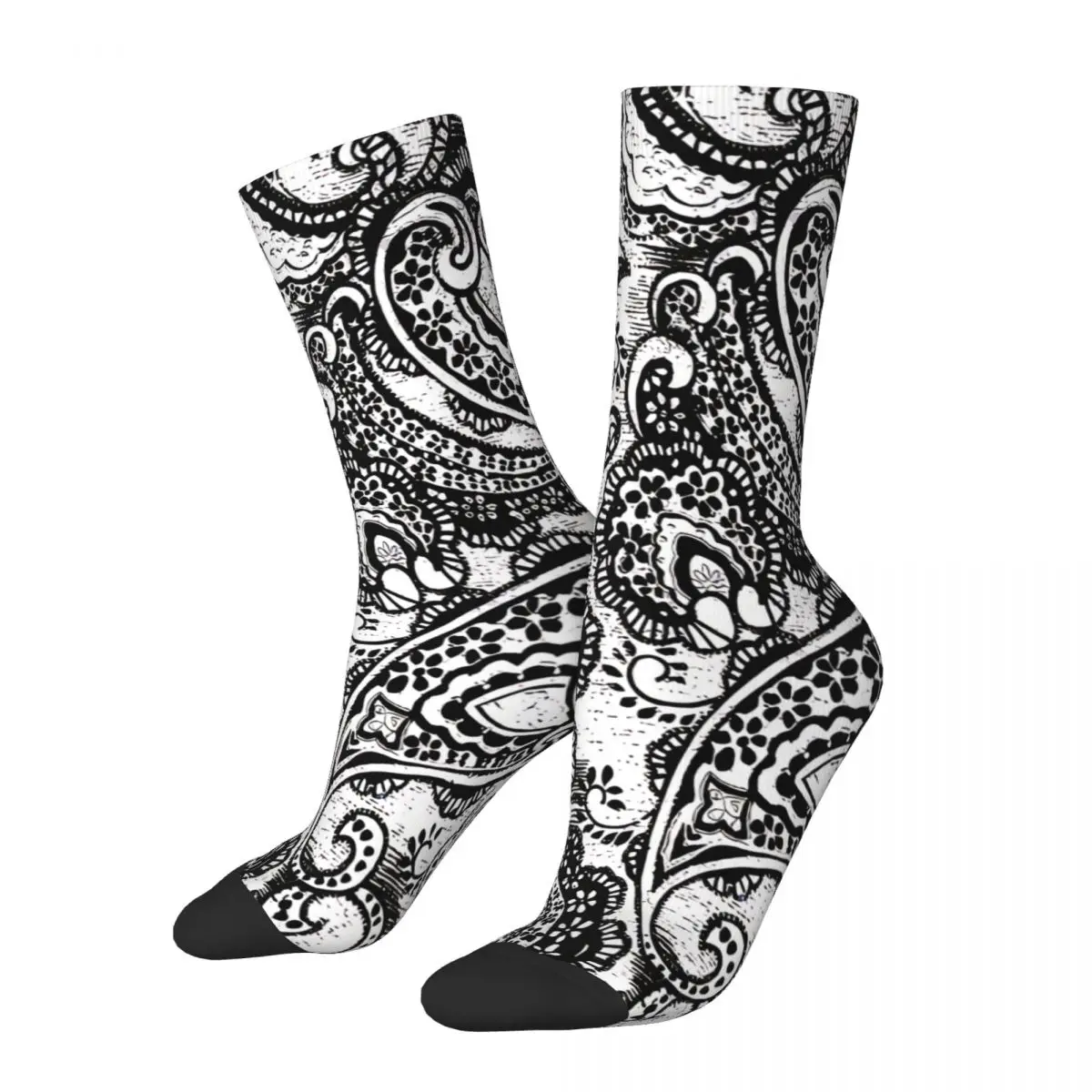 

Men's Socks Paisley Batik Black And White Woodcut Print Vintage Harajuku Paisley Style Casual Pattern Crew Crazy Sock Gift