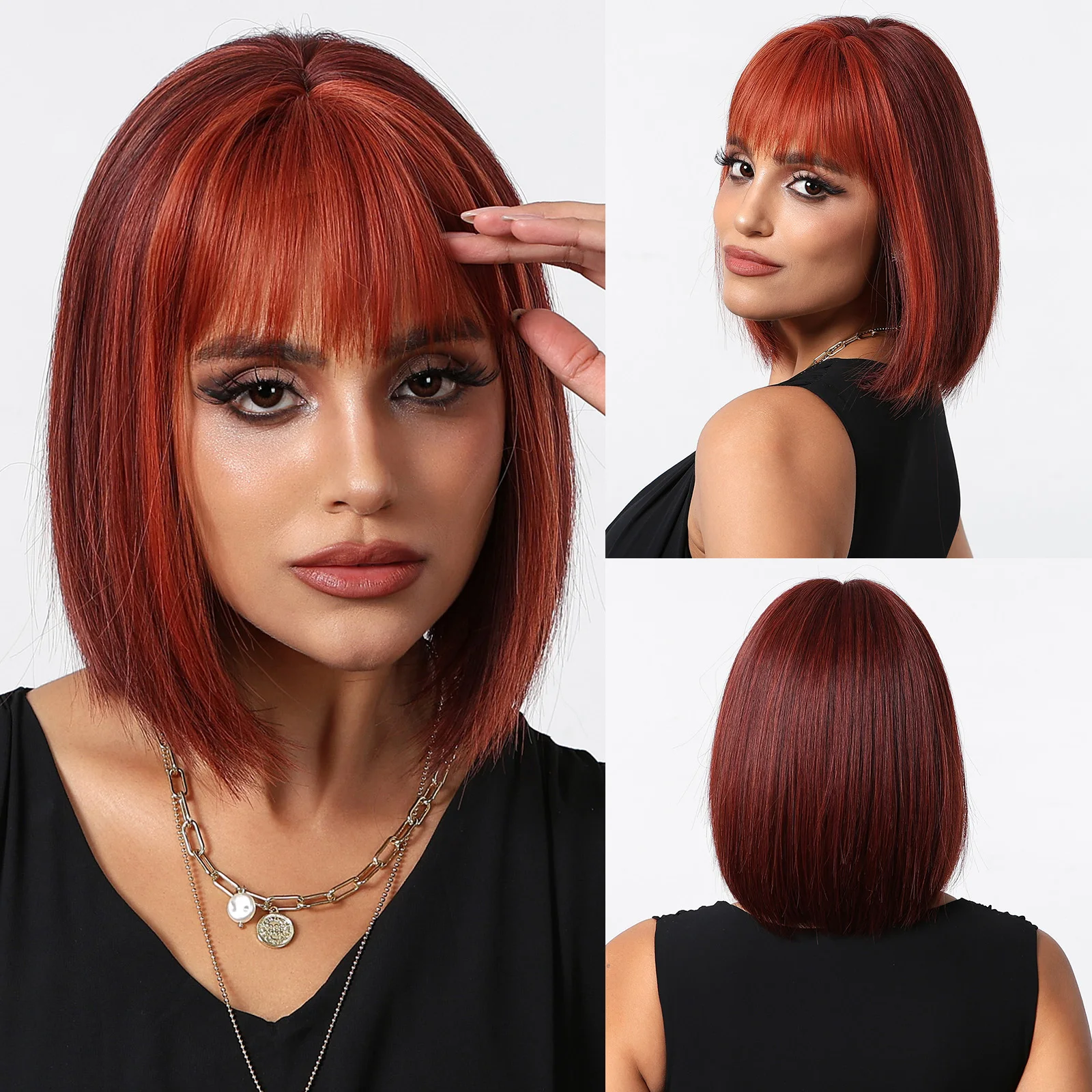 

Short Bob Red Brown with Highlight Wigs Cosplay Lolita Use Straight Hair Synthetic Wig with Red Bangs for Women Heat Resistant