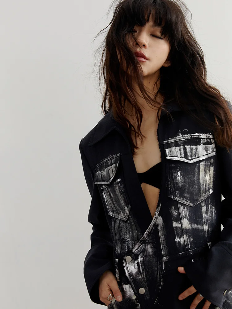 DEAT 2024 primavera 2024 nuove donne Navy spacco irregolare lungo Blazer con scollo a v manica lunga vestibilità ampia stampa giacche moda marea 1