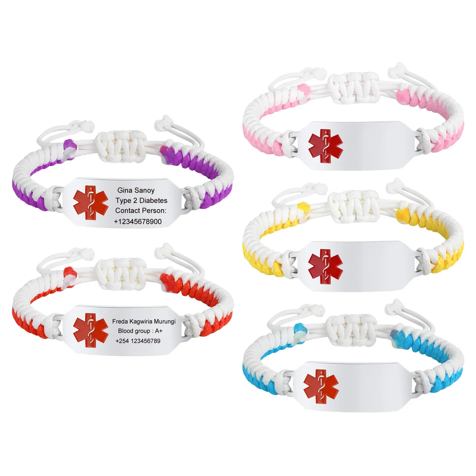 Personalized Medical Alert ID Bracelet for Women, Free Engraving Braided Rope Bracelet Adjustable