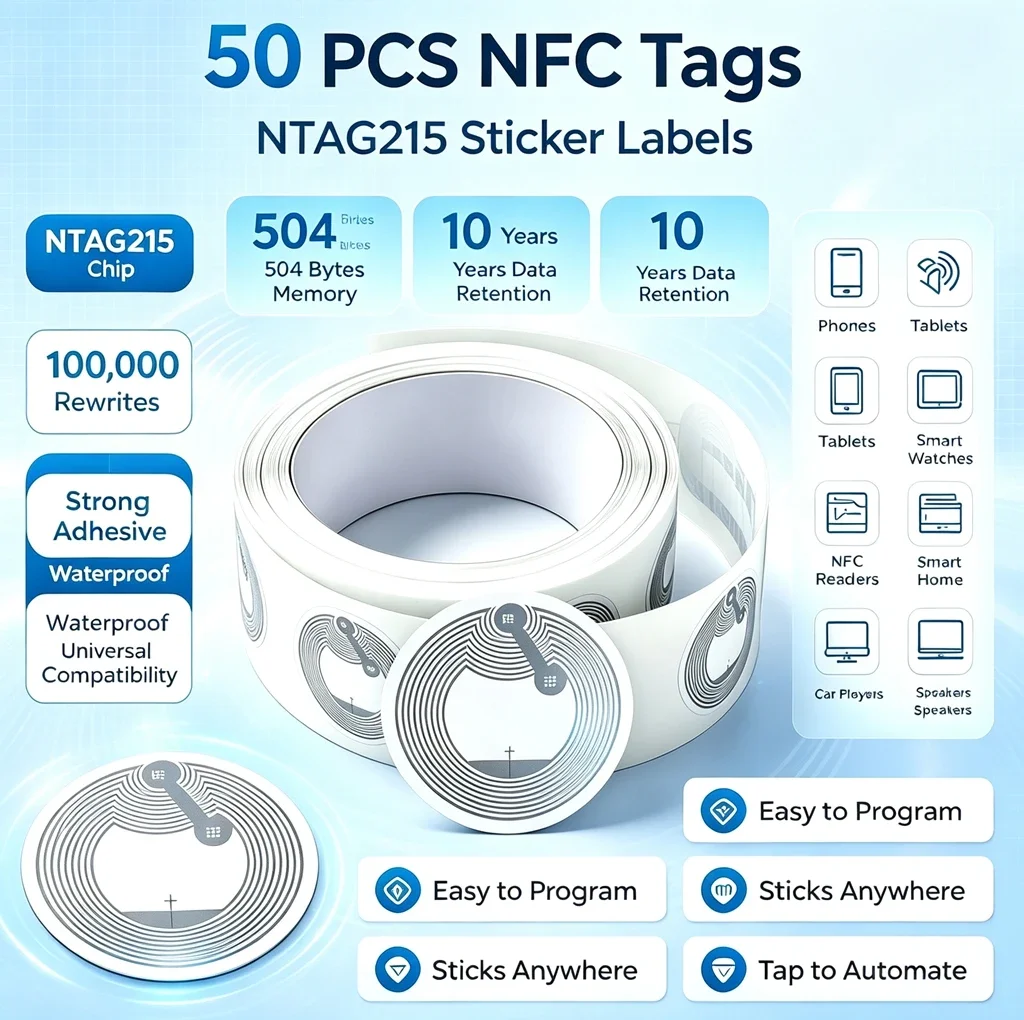 50-10PCS NTAG215 NFC Sticker Tags 504 Byte Blank Rewritable Adhesive Labels, Universal for All NFC Enabled Mobile Phones