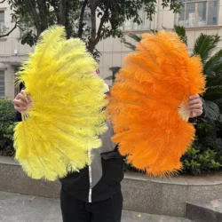 Yellow Fluffy Ostrich Feather Hand Fans 10-12Inch Stage Performance Dance Wedding Party Carnival Accessories Belly Dance Decor