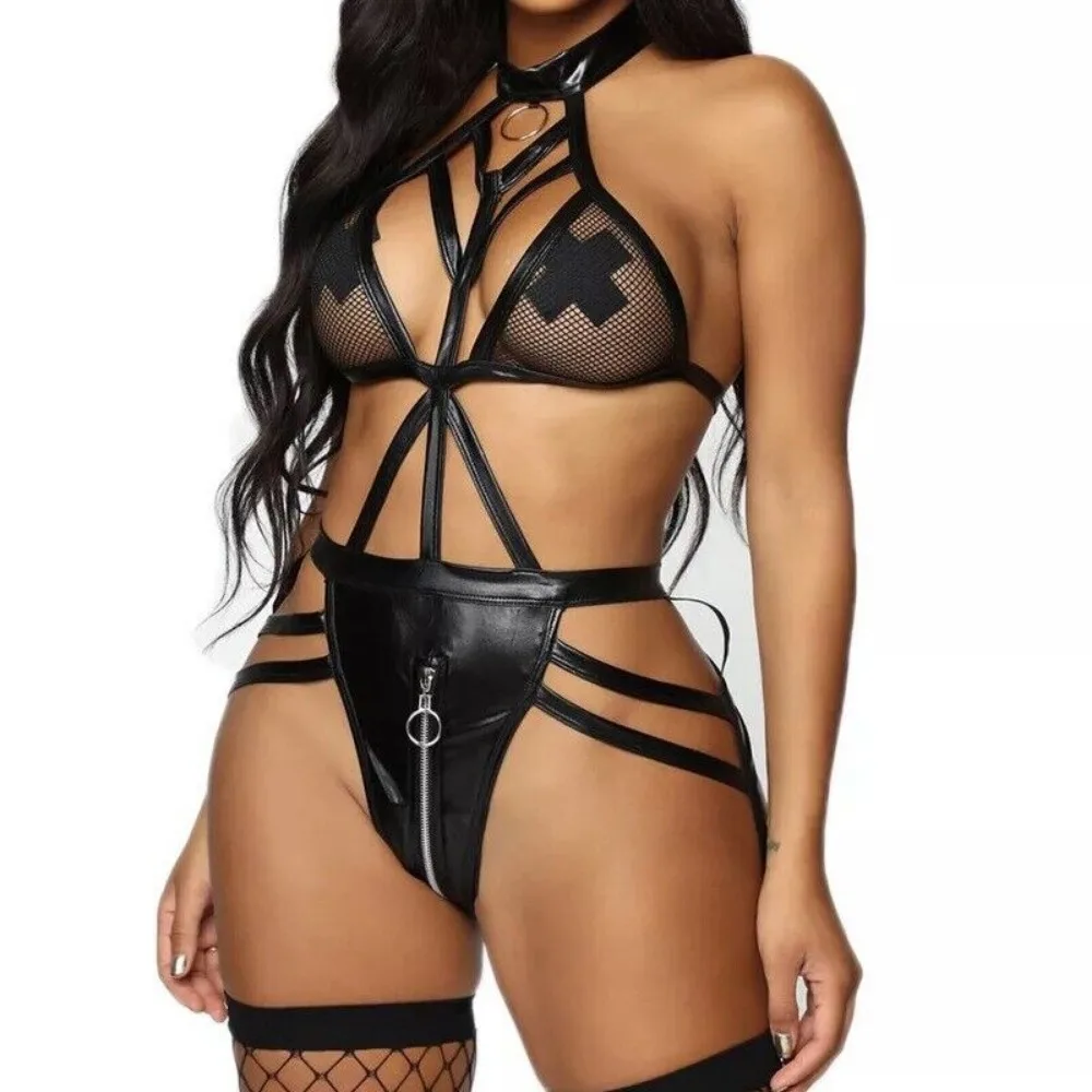 Sexy Women PU Leather Bodycon Short Mini Dress G-string Club Wear Skirt Sexy lace Lingerie Set See Through Babydoll Lingerie