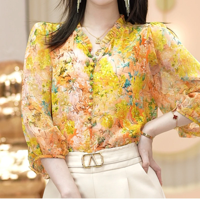 Vintage Blouse Women Plus Size Loose Chiffon Shirt 3/4 Sleeve Casual V Neck Floral Top Thin