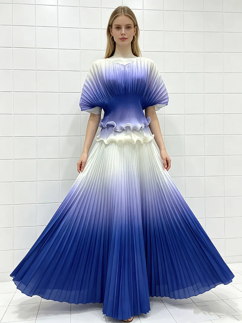 

Miyake Pleated Printed Gradient-Color Ruffled Blouse Two Piece Sets For Women Elegant Scalloped Hem Crop Top and Long Skirt Suit