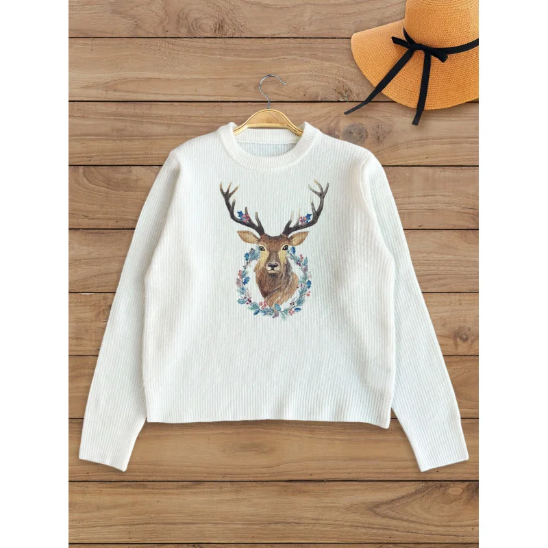 

Floral Reindeer Print Print Pattern Women's Knit Pullover Thick, Oversized Crew Neck Long Sleeve Fall/Winter Fashion Style
