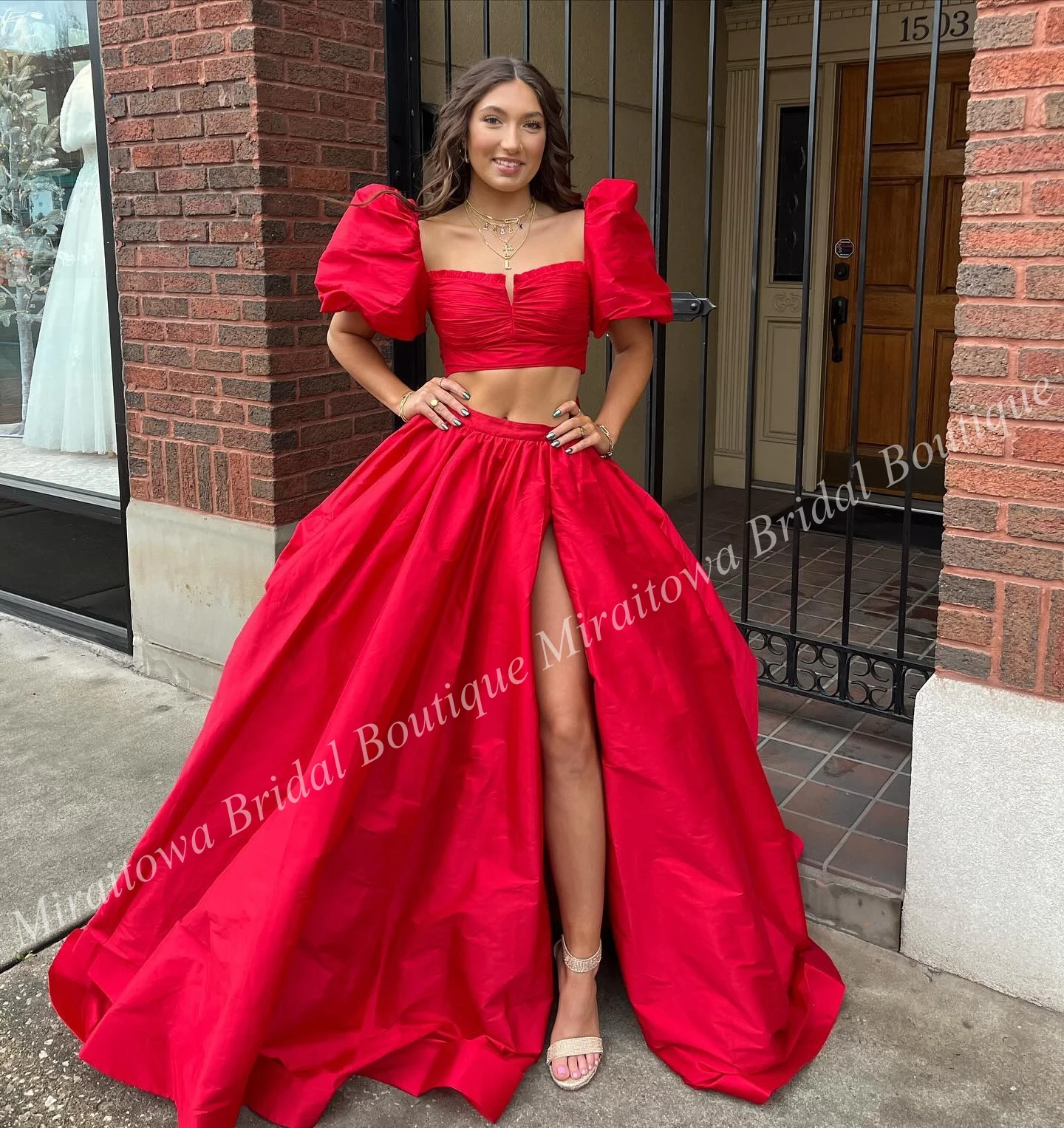 2-Piece Prom Dress Ballon Sleeves Bodysuit Slit Jumpsuit Chartreuse Taffeta Preteen Lady Pageant Winter Formal Evening Romper