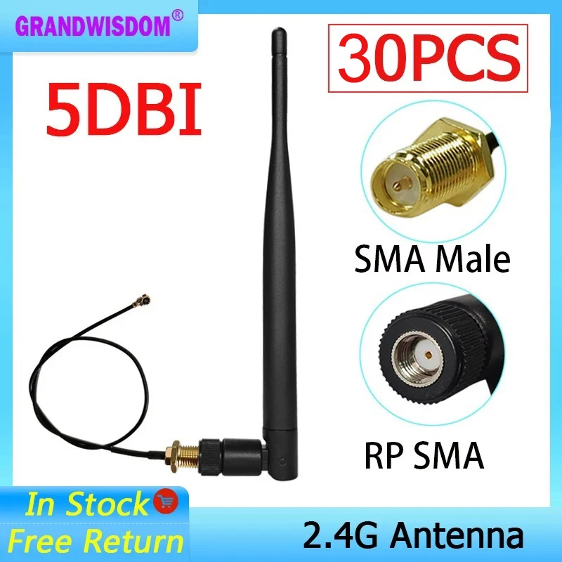 GRANDWISDOM 30pcs 2.4G antenna 5dbi sma female wlan wifi 2.4ghz antene IPX ipex 1 SMA male pigtail Extension Cable module antena