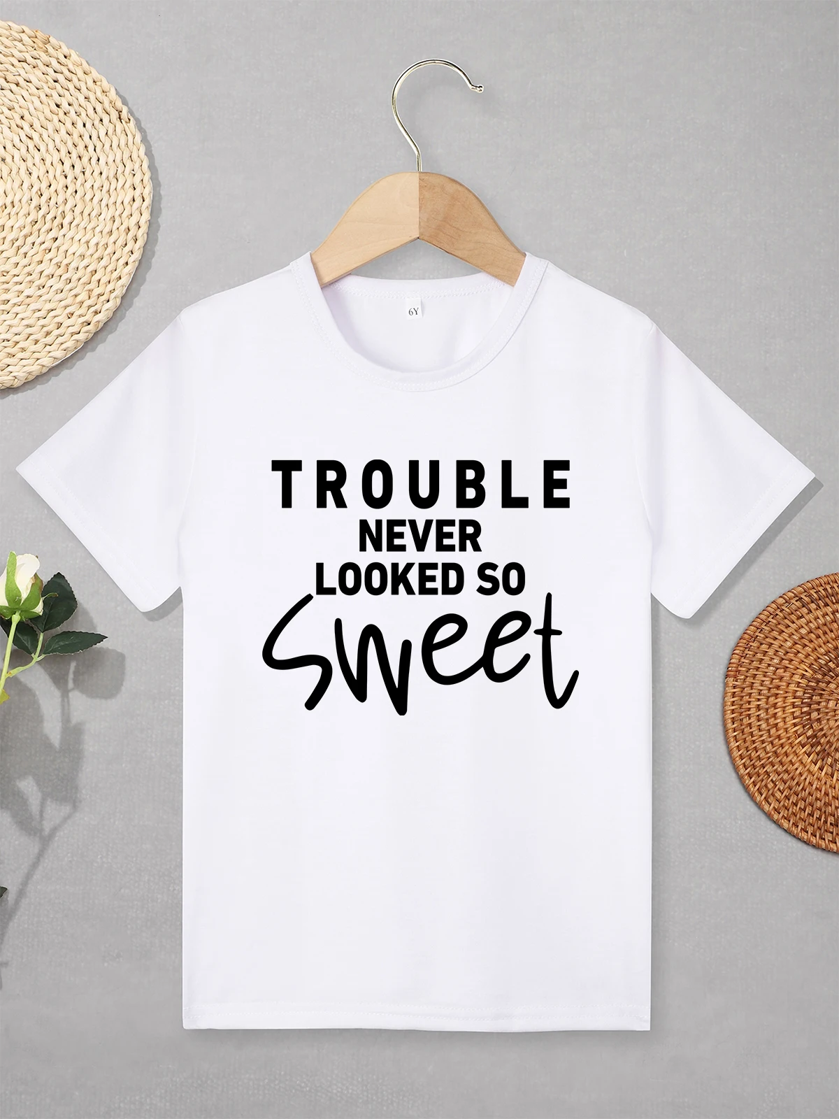 

Fun Cute Toddler Girl Clothes “Trouble Never Looked so Sweet” Letter Print Aesthetic Fashion Kids T-shirts Shirt Sleeve O-neck