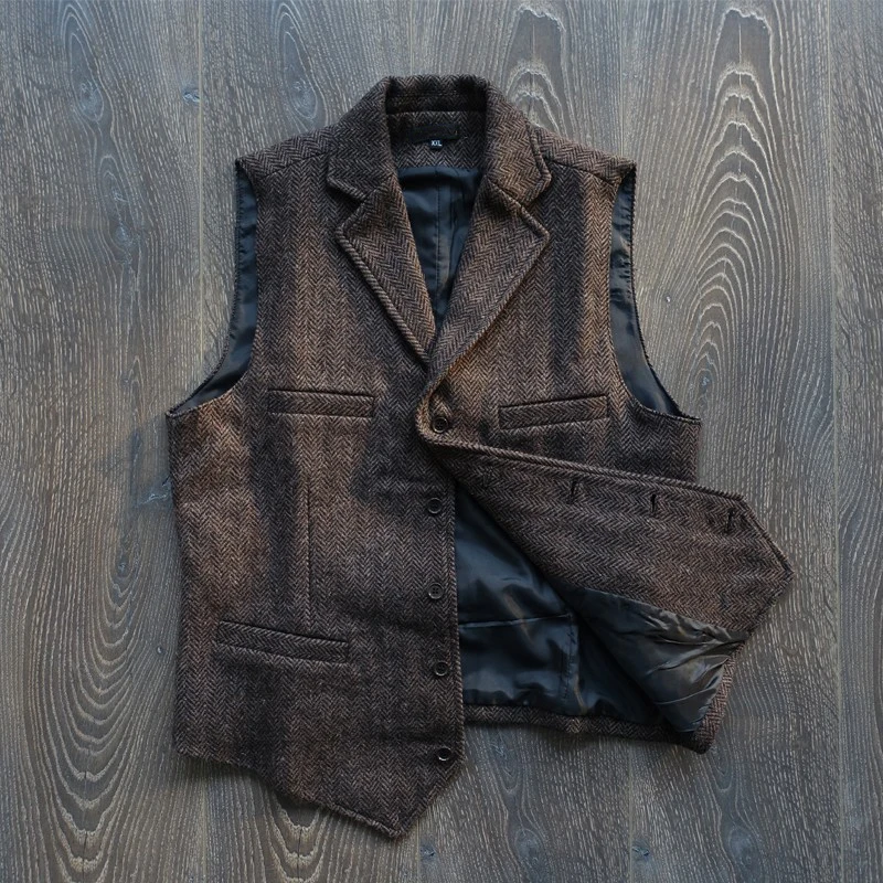 Vintage Herringbone Pattern American-Style Workwear Heavy Wool Tweed Notched Lapel Coffee-Colored Khaki Vest