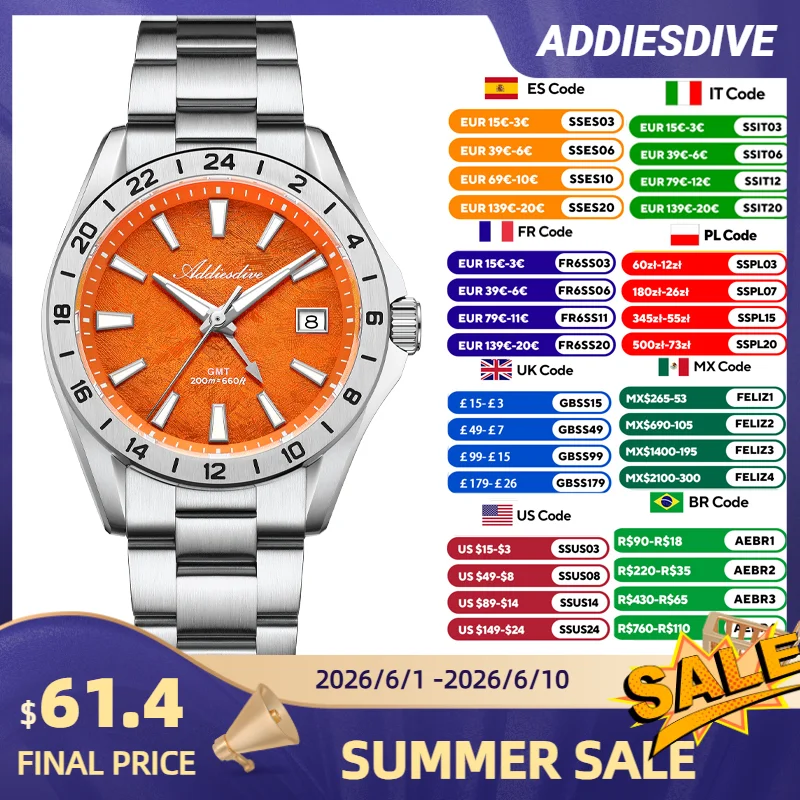 

ADDIESDIVE Luxury Swiss Ronda GMT Watch 200M Water Resistant Dual Time Zone BGW9 Luminous 38mm Stainless Steel Quartz Movement